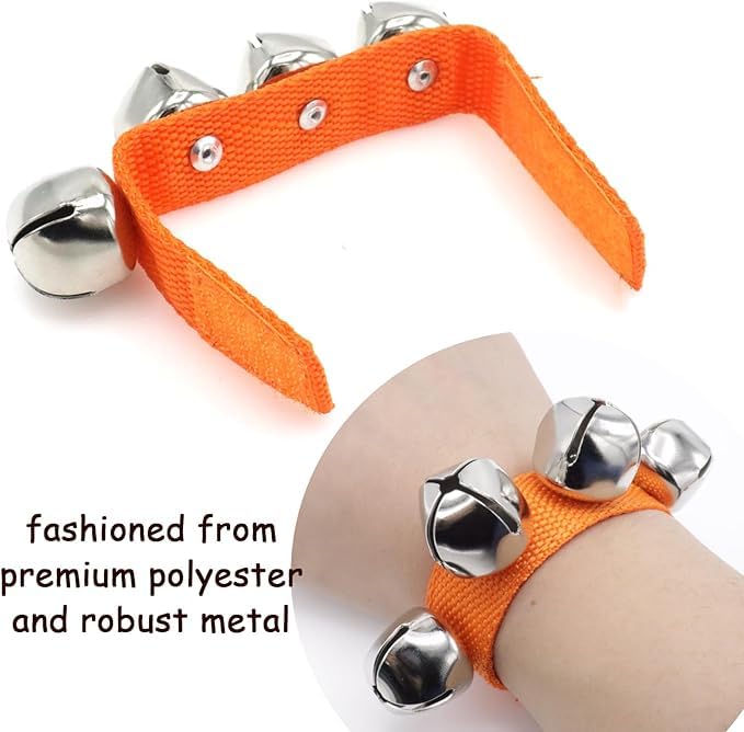 El Regalo 2PCs Jingle Bells Christmas Bracelets | Wrist & Ankle Bells for Party Favors, Musical Rhythm & Christmas Decor | Adjustable Percussion Instruments (Orange)
