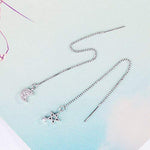 El Regalo 925 Silver Plated Minimalist Long Thin Linear CZ Elegant Threader Dangle Chain Earrings for Girls & Women (Moon Sun Threaders)