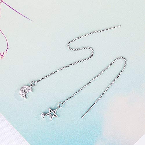 El Regalo 925 Silver Plated Minimalist Long Thin Linear CZ Elegant Threader Dangle Chain Earrings for Girls & Women (Moon Sun Threaders)