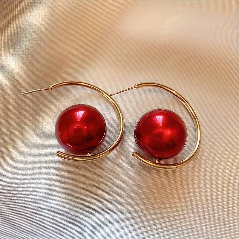 El Regalo Western Pearl Earrings- Delicate Glossy C Shaped Pearl Hoop Earring- Elegant Vintage Style Earrings for Girls & Women (Red Pearl)