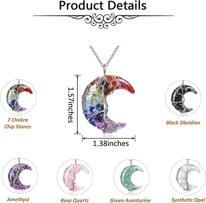 El Regalo Crescent Moon Wire Wrapped Tree of Life Stone Pendant Necklaces Natural Resin Quartz Gemstone Hippie Boho Jewelry for Girls Women (7 Chakra)