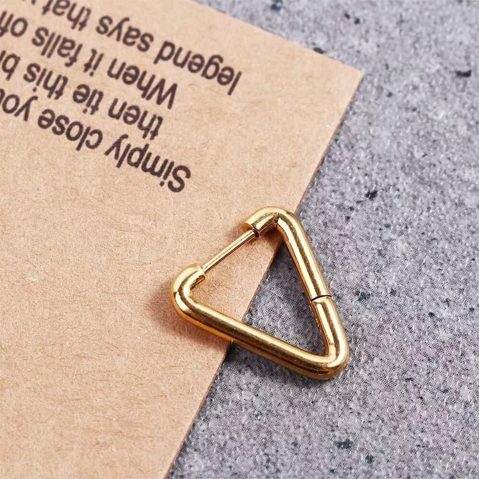 El Regalo Waterproof Men's Women's Punk Stainless Steel Triangle Shape Design Hoop Earrings - Geometry Triangle Huggie Hoop Earrings, Minimalist Punk Rock Style (Gold)