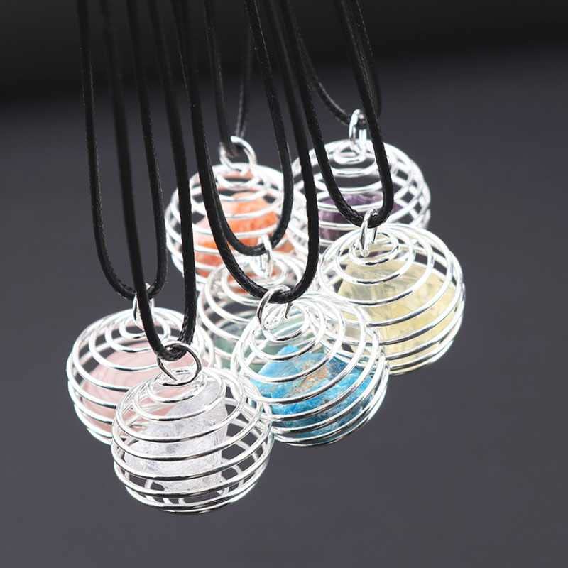 El Regalo 1 PC Healing Crystal Chakra Stone Necklace Gemstone Beads Round Iron Spiral Bead Cage Pendants Jewelry for Girls & Women (Amethyst)