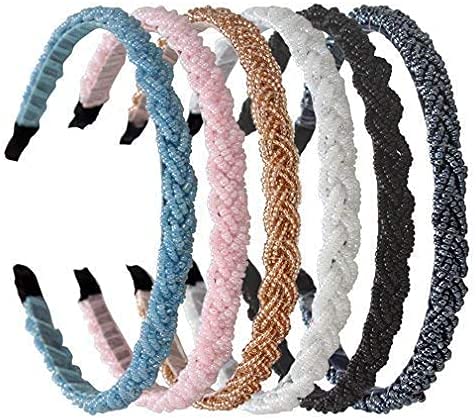 El Regalo 2PCs Braided Crystal Beads Hair Bands for Kids/Girls/Teens/Women | Party Bridal Headpieces | Crystal Headband Fine Glitter Crystal Hairband Headband (Pink & Blue)