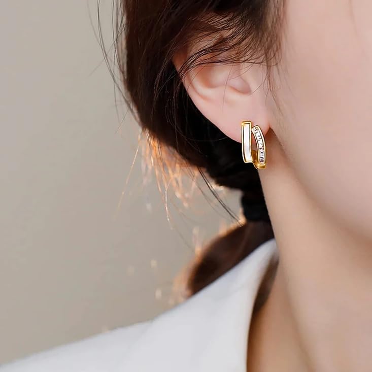 El Regalo Double Row C-Hoop Earrings for Women & Girls | Hypoallergenic Geometric Studs | Cubic Zirconia & Enamel/Shell Inlay | Elegant Daily, Office & Party Earrings Jewellery (White)
