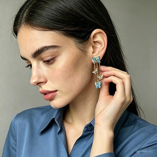 El Regalo Cute 3D Crystal Butterfly Tassel Earrings for Women & Girls | 18K Gold Plated Long Hanging Drop Linear Earrings | Elegant Korean Aesthetic Western Party Jewelry (Blue)