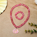 El Regalo 2 PCs Resin Shell Pendant Colorful Sparkly Crackle Beads Pendant Necklace & Bracelet Set for Kids/Girls- Christmas/Birthday Gift for Girls Kids (Pink)