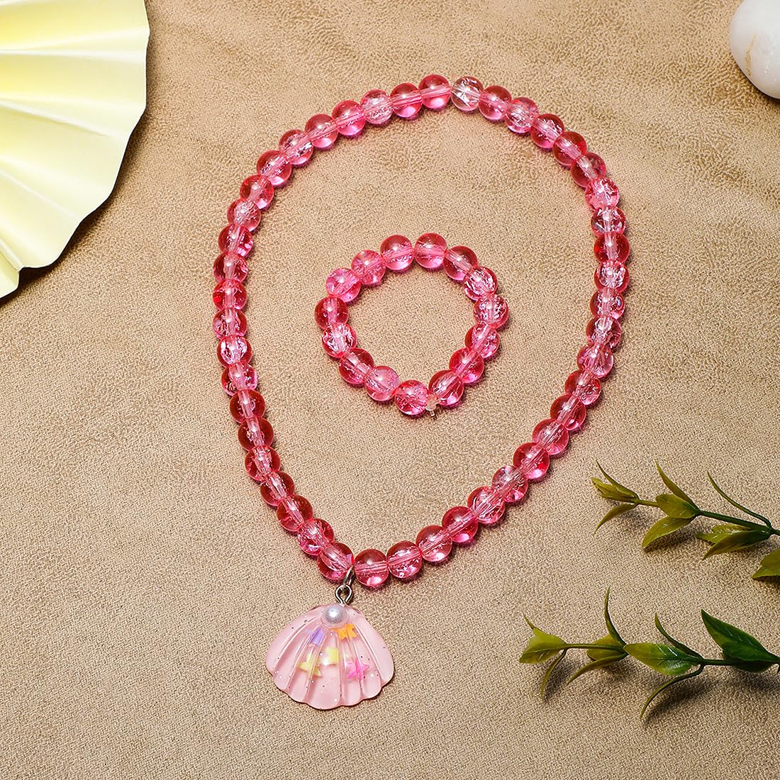 El Regalo 2 PCs Resin Shell Pendant Colorful Sparkly Crackle Beads Pendant Necklace & Bracelet Set for Kids/Girls- Christmas/Birthday Gift for Girls Kids (Pink)