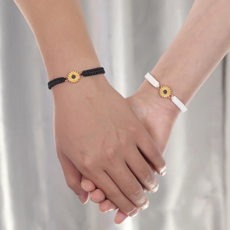 El Regalo 2 PCs Sunflower Daisy Bracelet - Adjustable Sunflower Bracelets for Best Friends/Besties - Sunflower Pinky Promise Bracelets for Kids Girls/Teens/Women (Black & White Sunflower Bracelet)