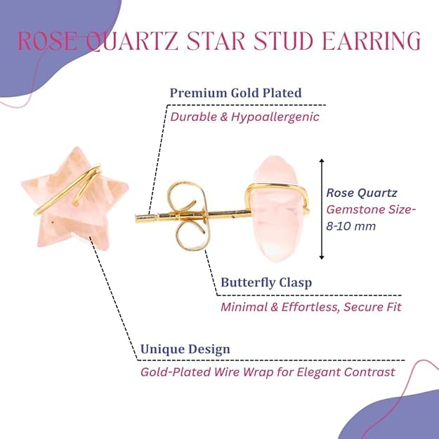 El Regalo Natural Stones Star Stud Earrings- Handcfated Wire Wrapped Celestial Star Earrings for Girls & Women (Pink Rose Quartz)