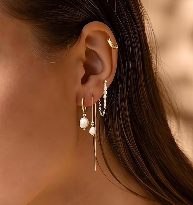 El Regalo 14K Gold Plated Pearl Drop & Huggie Hoop Earrings Combo Set for Women | 4 Pairs Anti-Tarnish Hypoallergenic Earring Stack for Multiple Piercings & Cartilage | Premium Aesthetic Jewellery Gift