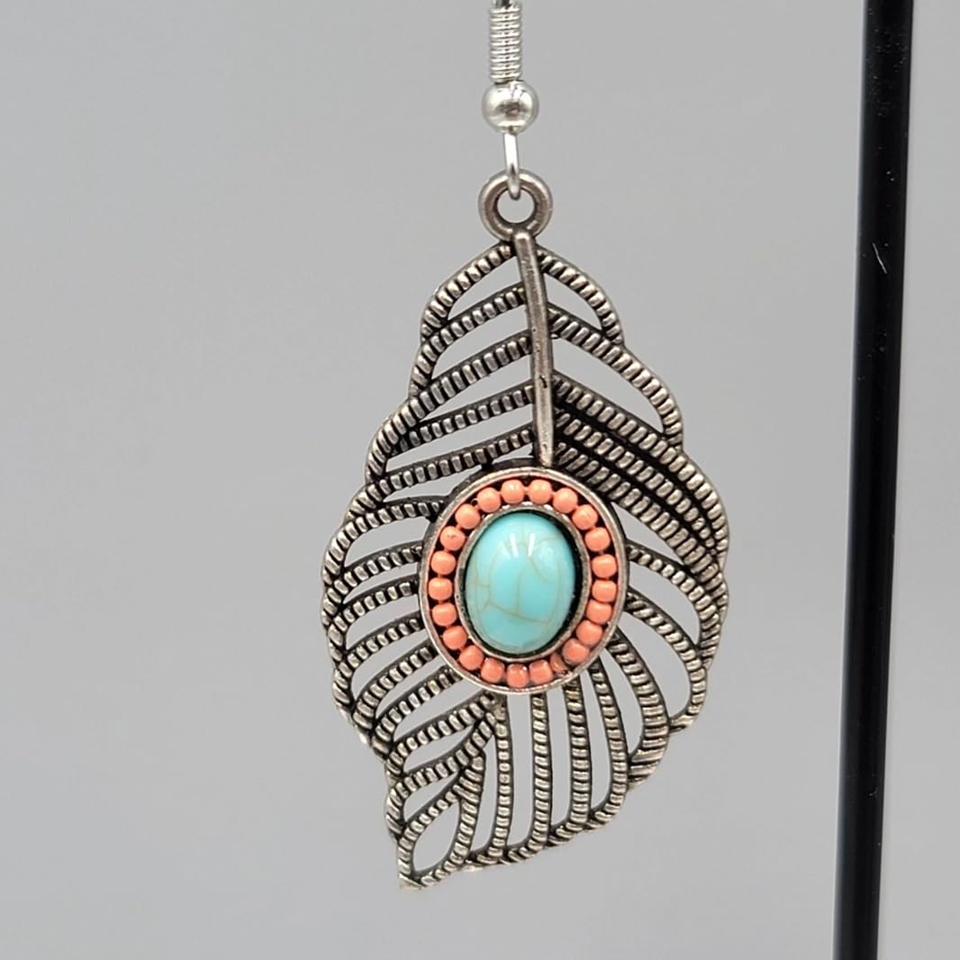 El Regalo Gorgeous Bohemian Ethnic Faux Turquoise Leaf Earrings- Beautiful Boho Hippie Feather Drop Hook Earrings