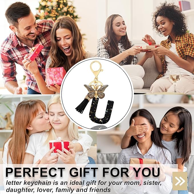 El Regalo Personalized Name Initials Butterfly Charm Keychain - Name Letter Keyring with Black & Golden Tassel & Butterfly Pendant, Purse, Bag, Backpack Accessory (U Letter)