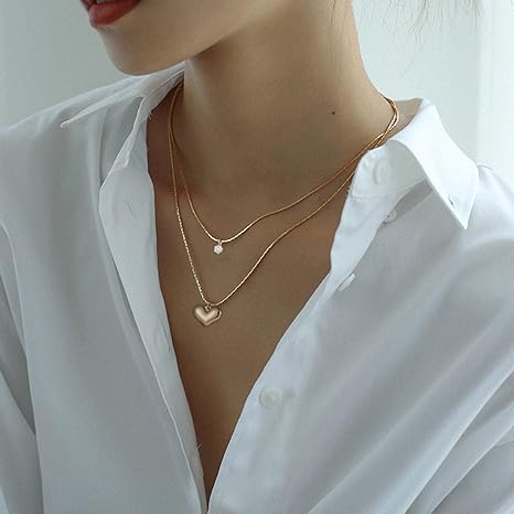 El Regalo Women & Girls Stainless Steel Double Layer Heart & Crystal Pendants Necklace- Glamorous Anti Tarnish Yabi Wind Double Clavicle Chain Female Love Pendant Necklace