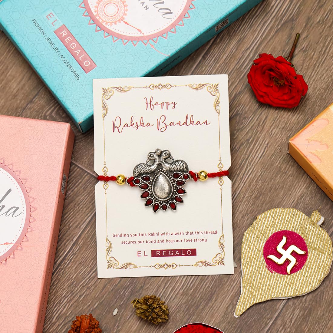 El Regalo 1PC Designer Peacock Red Golden Thread Rakhi for Brother- Antique Peacock Charm Rakhi with Roli Chawal, Rakhi Message Card in Rakhi Gift Box