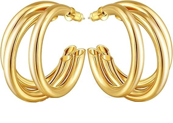 El Regalo Trendy Triple 3 Hoop Stud Earrings- Western Fashion Earrings for Girls & Women (Golden Hoops)
