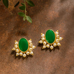 El Regalo Traditional Pearl Cluster Stud Earrings for Women & Girls | Gold-Plated Red & Green Oval Stone Earrings with Pearls | Festive, Wedding & Ethnic Jewelry (Green)