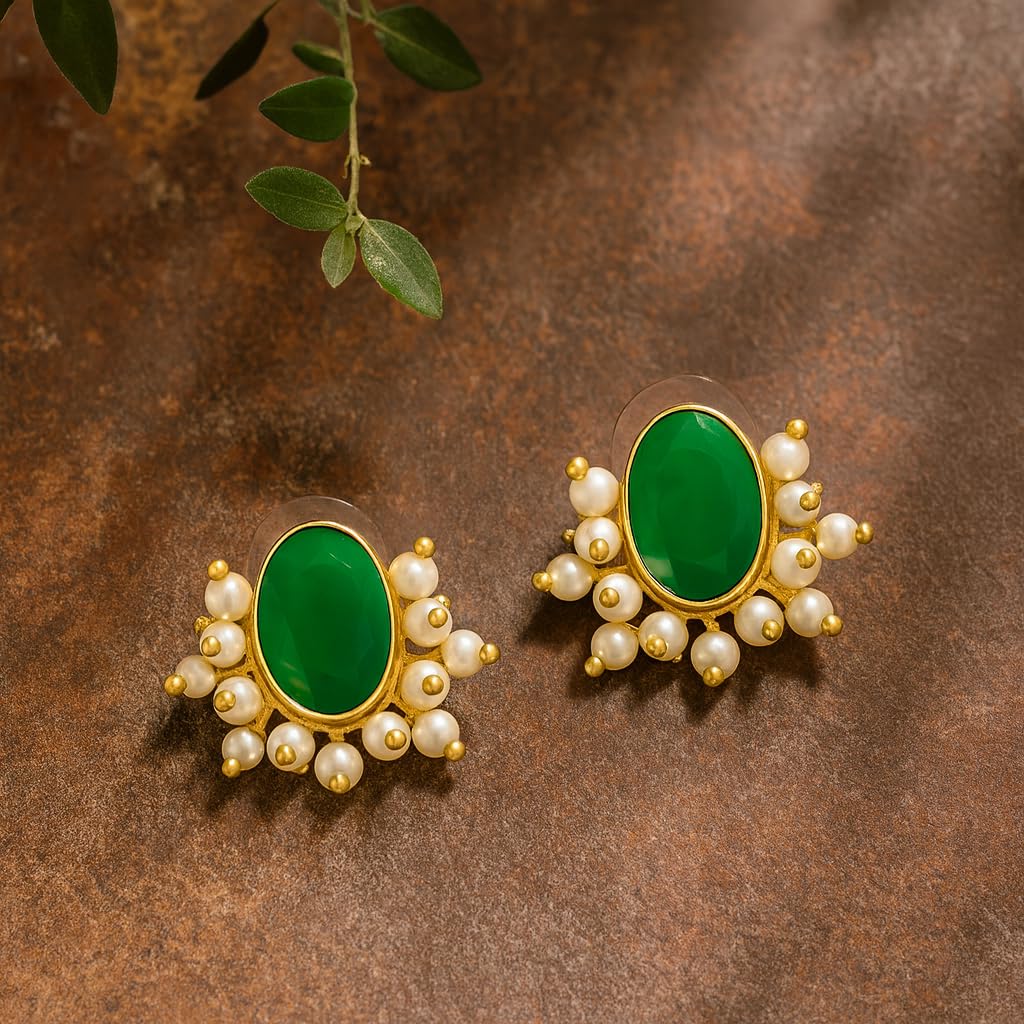 El Regalo Traditional Pearl Cluster Stud Earrings for Women & Girls | Gold-Plated Red & Green Oval Stone Earrings with Pearls | Festive, Wedding & Ethnic Jewelry (Green)
