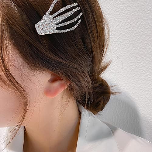 El Regalo 2PCs CZ Halloween Skeleton Hair Clips- Rhinestone Zombie Punk Rock Hand Hair Clip- Alligator Claws Barettes Clips- Halloween Costume/Accessories for Girls/Women (1 Gold 1 Silver)