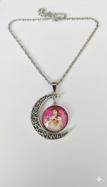 El Regalo Princess Crescent Moon Pendant Necklace for Girls- Enchanted Fairytale Character Jewelry with Filigree Detail, Silver-Tone Chain, Perfect Birthday Return Gift or Party for Toddlers and Kids (Style-4)
