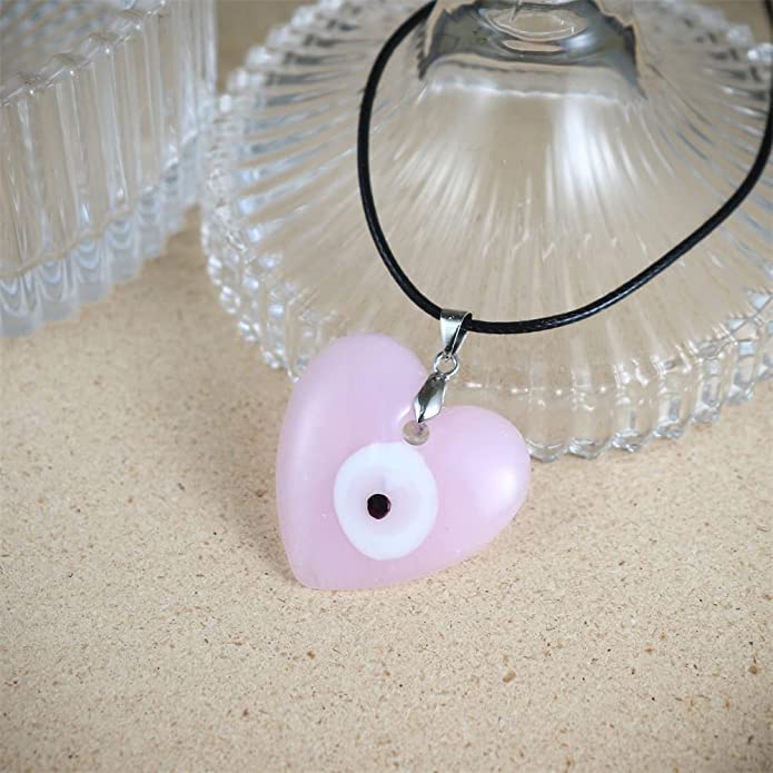 El Regalo 1 PC Big Pink Evil Eye Pendant Necklace for Girls & Women - Turkish Evil Eye Big Leather Rope Necklace (Heart Evil Eye)