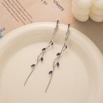 El Regalo Long Copper Zirconia Rhinestone Leaf Drop Dangle Earrings for Women | Korean Style Vine Fringe Earrings | Classy Party, Wedding & Casual Earrings Jewelry (Purple Silver)