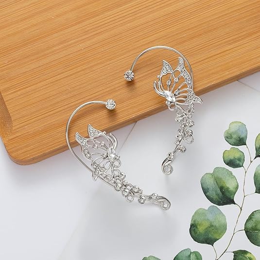 El Regalo 2PCS Butterfly Earrings Ear Cuffs Climber Wrap Around Earrings for Women/Girls- Fancy No Piercing Ear Clip Fairy Ear Jewelry (Silver)