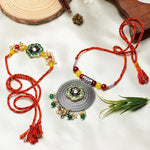 El Regalo Designer Bhaiya- Bhabhi Rakhi Luma/Lumba Set- Kundan, Pearls Rakhi with Roli Chawal in Gift Box- Luma Convertible into Necklace (Option-3)