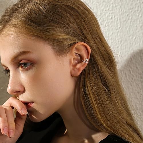 El Regalo 1 Pair CZ Leaf Ear Cuff Wrap Earring for Women Girls- Crystal Cartilage Earring-Fake Huggie Hoop Stud Clip On Non Piercing Dainty Earrings (Silver)