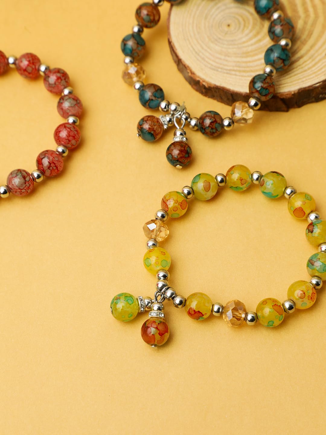 El Regalo 3 PCs Bohemian Crystal Beads Bracelet Set- Multi Colored Natural Stones Strech Bracelets for Girls & Women