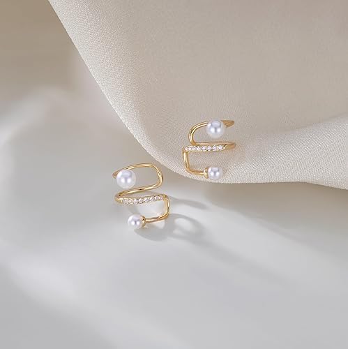 El Regalo 1 Pair Pearl Ear Cuffs Earrings for Non Piercing Ears- CZ Pearls Wrap Non Piercing Cartilage Cuffs Clip On Earrings for Girls/Women (Gold)