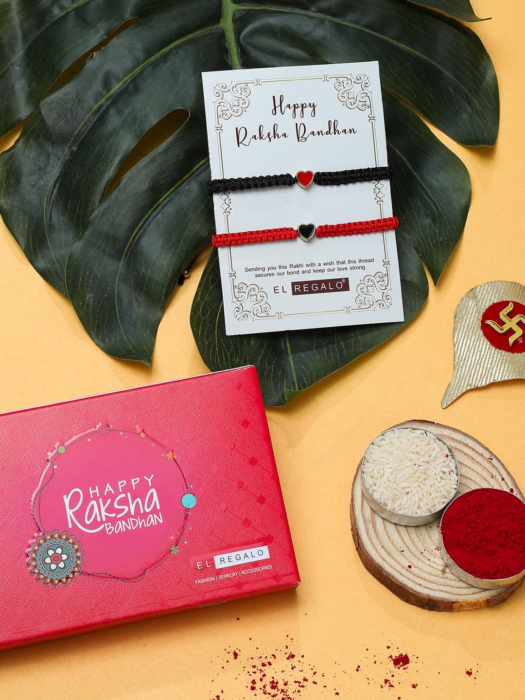 El Regalo 1PC Elegant Heart Bracelet Rakhi for Brother/Bhai with Roli-Chawal & Rakhi Gift Box - Handwoven, Minimalist Design & Beautifully Packed (Red)