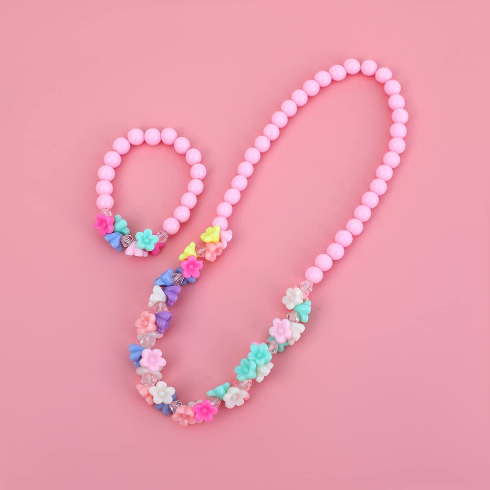 El Regalo 2 PCs Kids Girls Colorful Jewelry Sets - Kids Candy Color Beads Necklace & Bracelets Jewelry Sets for kids Girls & Toddlers (Multi Flower Pink Set)