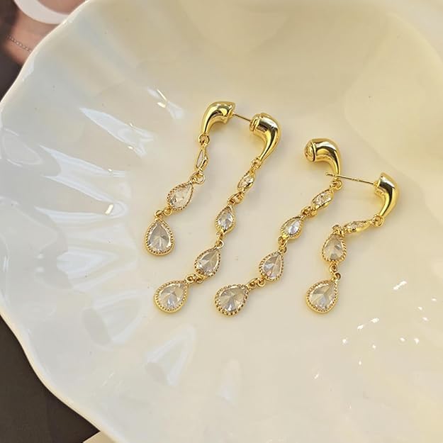 El Regalo 14K Gold Plated Crystal Drop Dangle Earrings for Women - Dainty Front Back Statement Earrings - Hypoallergenic Cubic Zirconia Tear Drop Long Dangly Earrings for Weddings, Parties, and Gifts