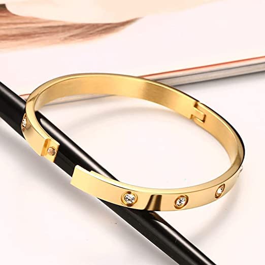 El Regalo Stainless Steel Bangle Bracelet with Cubic Zirconia/CZ for Women - Stainless Steel Openable Bracelet with Magnetic Lock (Gold)