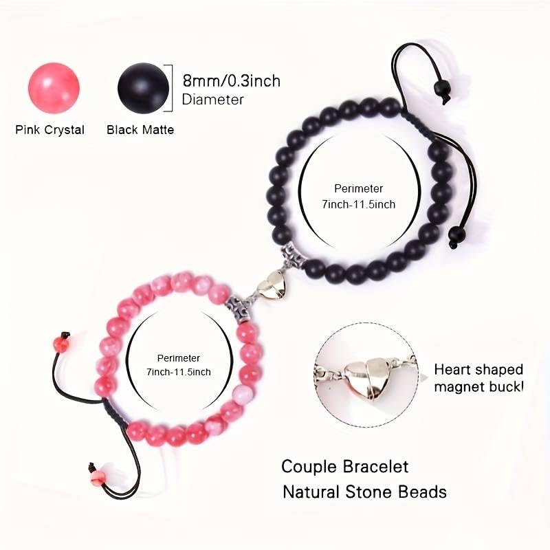 El Regalo Unisex Adult 4Pcs/Set Valentines Day Special- Love Friendship Magnet Heart Bullet Stones Necklace & Bracelet Set For Couples/Best Friends/Besties (Peachy Pink & Black)