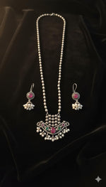 El Regalo Elegant Oxidized Designer Indian Ethnic Stones Necklace & Earrings Jewelry Set in Silver Finish (Ruby Red)