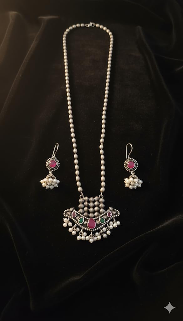 El Regalo Elegant Oxidized Designer Indian Ethnic Stones Necklace & Earrings Jewelry Set in Silver Finish (Ruby Red)