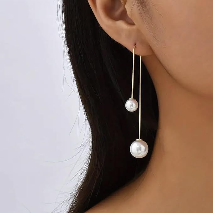 El Regalo Elegant Pearl Drop Threader Earrings for Women & Girls | Gold Long Wire Hook Double Pearls Earrings | Minimalist Jewelry for Office, Party, Wedding, Festivals