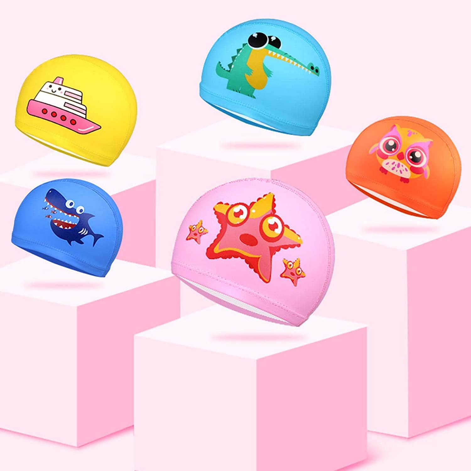 El Regalo Waterproof Swim Cap for Kids Boys Girls, Cute Cartoon PU/Silicone No-Slip Swimming Bathing Cap for Children Long Short Hair, Non-Toxic,Flexible Swim Caps Hat (Star Pink)
