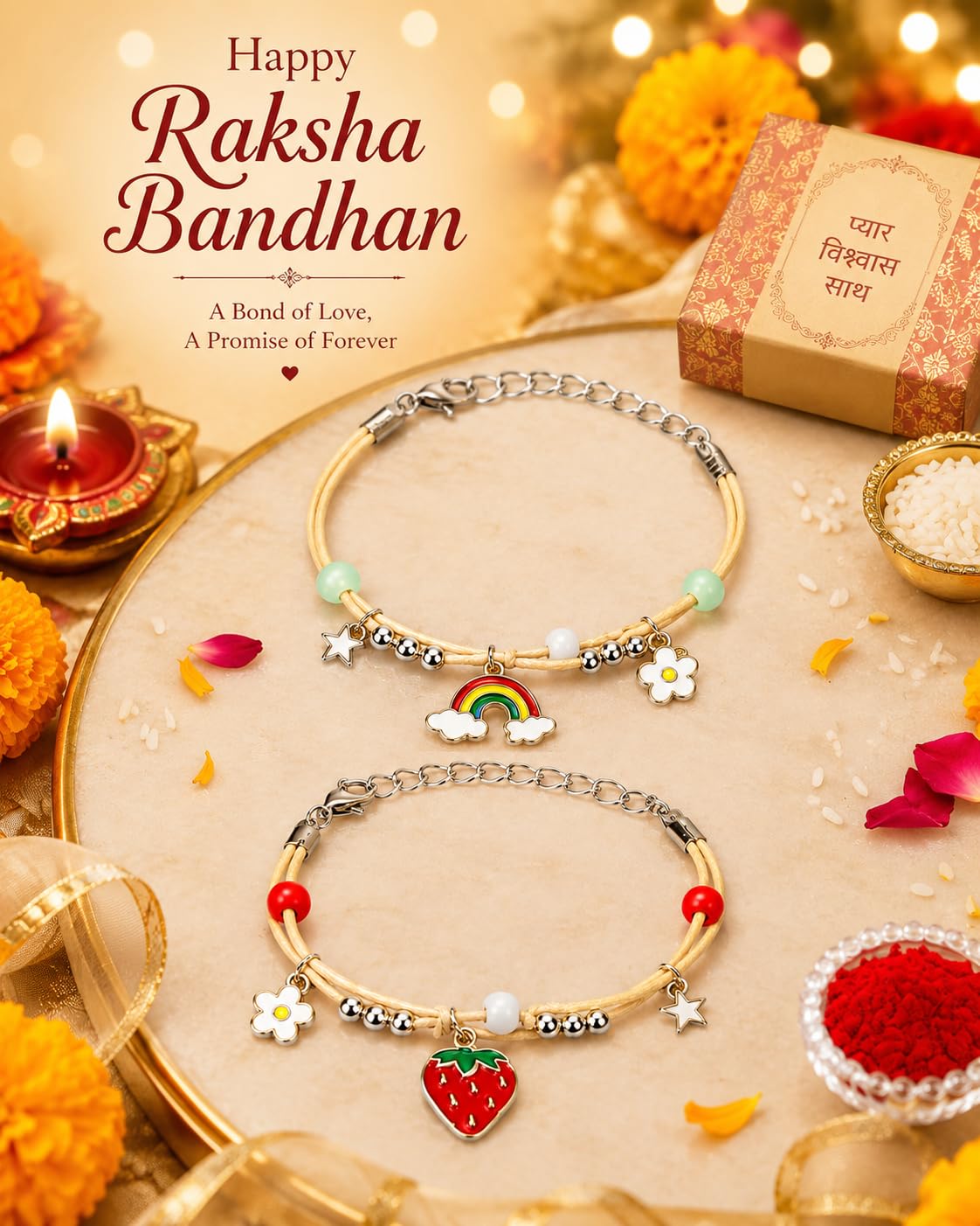 El Regalo 2 PCs Cute Kids Fancy Rakhis Combo Set - Beautiful 2 Kids Rakhis Set with Roli Chawal, Rakhi Message Card in Rakhi Gift Box for Little Brother/Niece/Nephew (Strawberry & Rainbow Rakhis)
