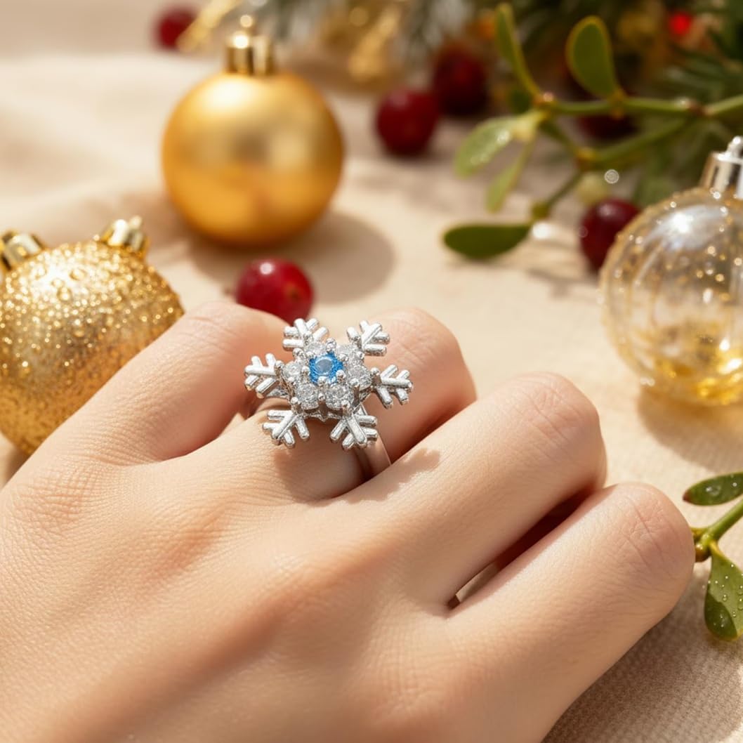El Regalo Snowflake Anxiety Fidget Spinner Ring- Open Adjustable Anti Anxiety Relief Rings For Girls/Women (Blue)