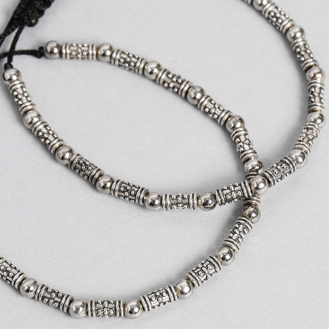 El Regalo 1 pair Boho Adjustable Oxidized German Silver Bead Anklets for Girls & Women- Tribal Thread Anklets Set (Style-3)