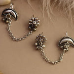 El Regalo Ethnic Oxidized Floral-Crescent Moon Ear Cuffs - Handmade Silver Lookalike Ghunghru Earrings with Ear Clips for Women & Girls - Antique Brass Earrings with Chain Connection