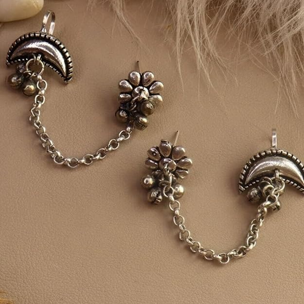 El Regalo Ethnic Oxidized Floral-Crescent Moon Ear Cuffs - Handmade Silver Lookalike Ghunghru Earrings with Ear Clips for Women & Girls - Antique Brass Earrings with Chain Connection