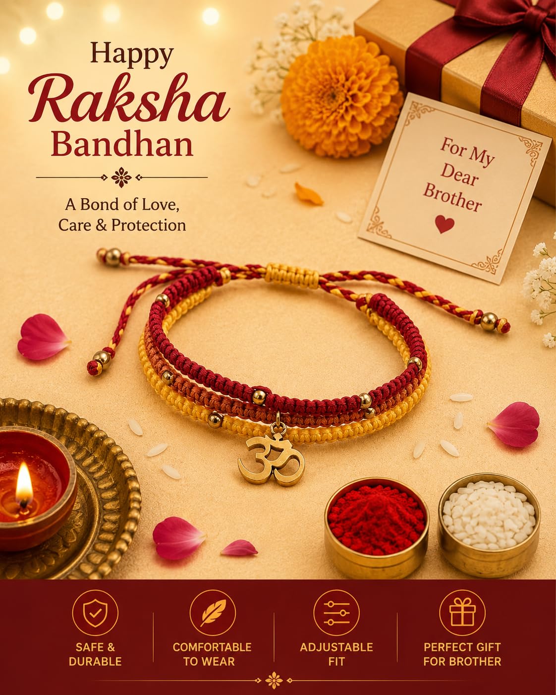 El Regalo OM Bracelet for Boys/Men- Hand Woven Macrame Adjustable OM Bracelet for Him (Style 1)