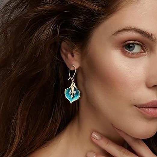 El Regalo Enamel Glaze Orchid Leaf Pearl Hook Earrings for Girls & Women- Retro Tassel Pearl Orchid Earrings