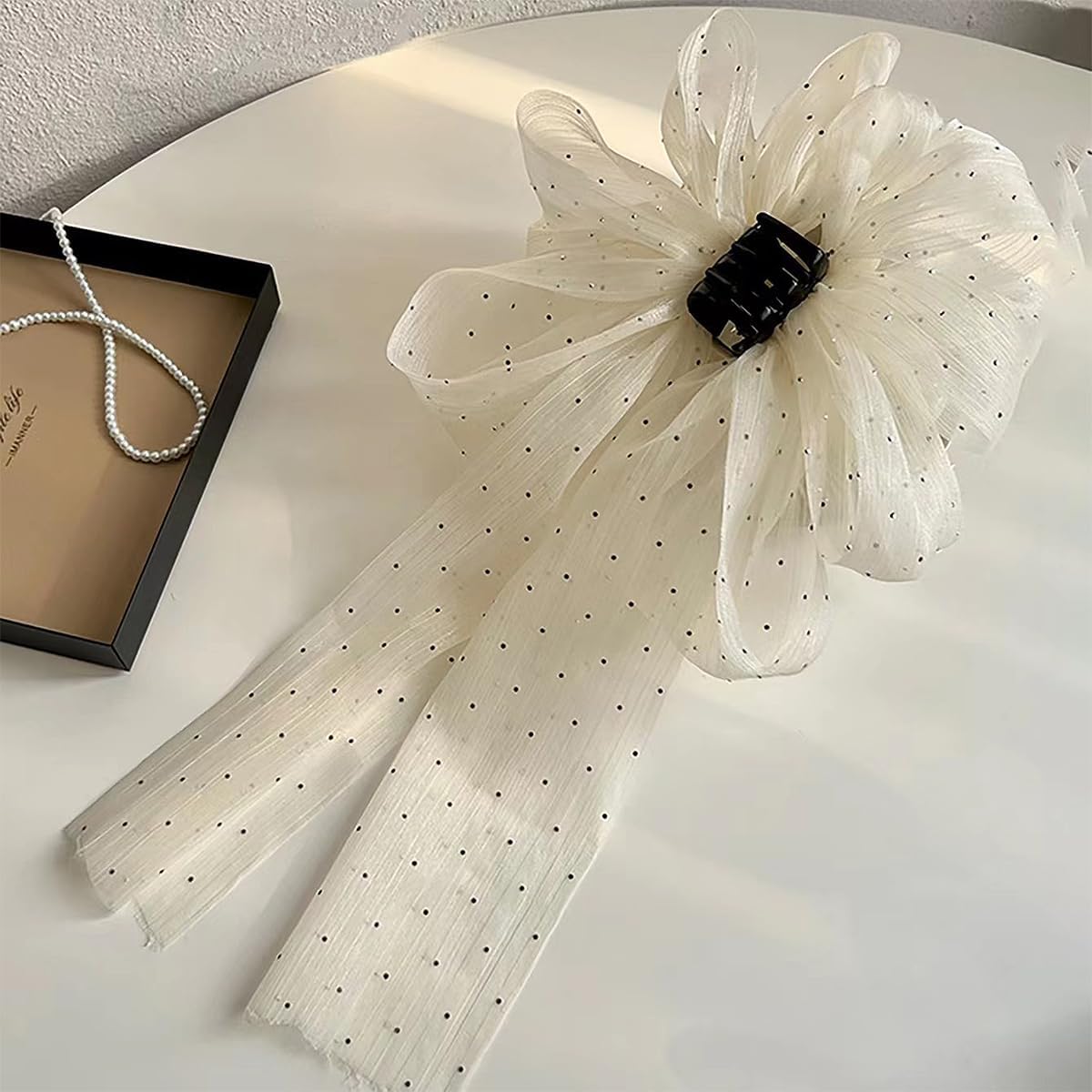 El Regalo Shimmering Big Bow Hair Claw Clips for Girls & Women- Fancy Chiffon Silk Hair Clip with Rhinestone, Large Hair Jaw Clips, Fabric Floral Bows Hair Accessories (Black)