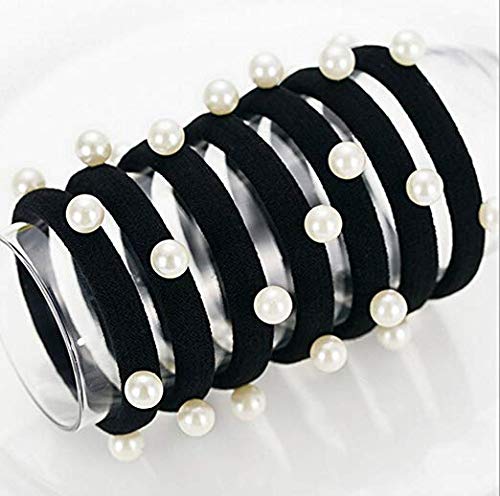 El Regalo Imitation Pearls Elastic Rubber Band Ties Ponytail Holder Scrunchy (Combo Set of 6) | Fancy Rubber Bands for Girls & Women | Fancy Rubber Bands for Hairs (Black)