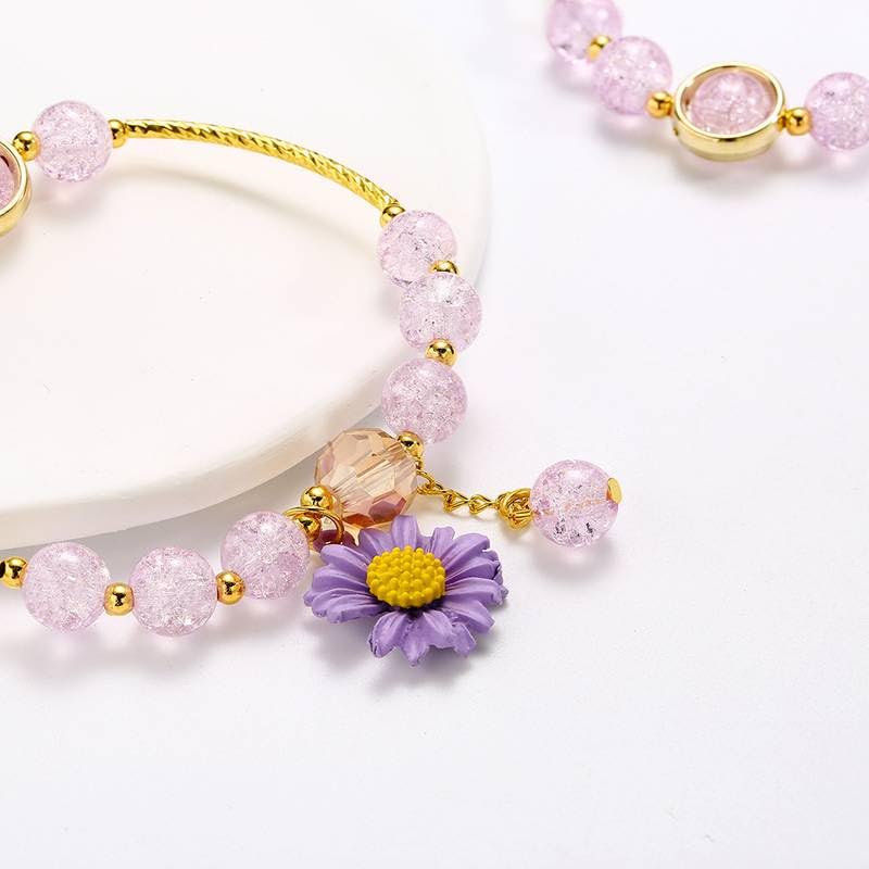 El Regalo 1PC Daisy Flower/Sunflower Crackle Beads Stretch Bracelet for Girls & Women- Fancy Floral Bracelets (Purple)